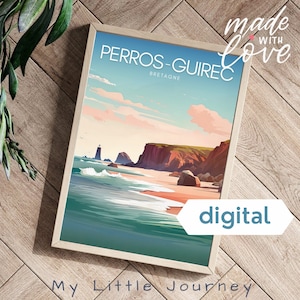 Impressão PERROS GUIREC | Cartaz de viagem da França, Bretanha Perros-Guirec | Arte de parede, pintura da Bretanha | Decoração costeira para casa, praia | Download instantâneo