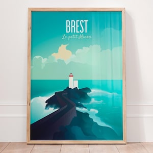 Póster de Brest, Francia, impresión del faro de Petit Minou, arte mural costero, decoración marina de Bretaña, póster de viaje náutico, regalo oceánico