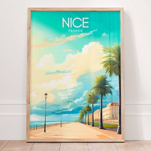 Bonita impresión de arte mural de Francia, impresión artística de paisaje urbano, póster de viaje de la Riviera Francesa, decoración mediterránea, idea de regalo, ilustración de ciudad vintage