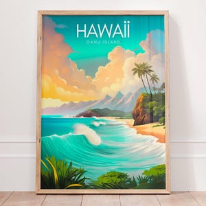 Colorful Hawaii Travel Poster, Oahu Island Art, Tropical Beach Wall Decor, Vintage Hawaii Print, Retro Pacific Island Wall Art