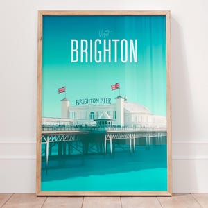 Brighton Pier poster, vintage travel print, colorful minimalist wall art, Brighton decor, England poster, seaside gift, British coastal art