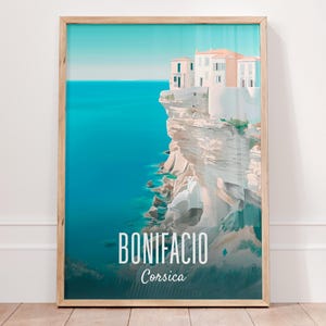 Affiche Bonifacio vintage, décoration murale Corse, poster paysage coloré, art rétro méditerranéen, cadeau unique, design minimaliste