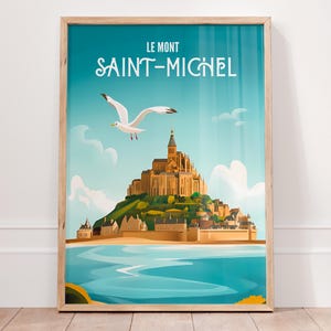 Ilustración colorida del Mont Saint Michel, impresión vintage de Normandía, arte mural costero francés, póster de viaje retro, regalo único para amantes del arte.