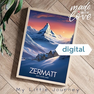 ZERMATT Poster Switzerland, Mountain wall art, Vintage Ski Poster, Matterhorn Print, Winter Landscape, Swiss Alps - printable wall art