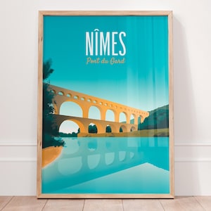 Nîmes travel poster, Pont du Gard wall art, vintage France decor, Roman aqueduct art print, Mediterranean gift, French architecture poster
