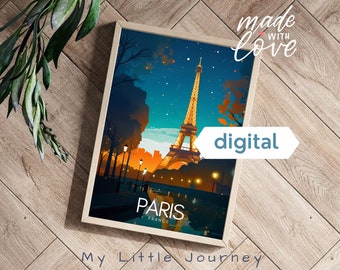 May include: A digital illustration of the Eiffel Tower in Paris, France. The tower is depicted in a stylized, graphic style with a blue and orange color scheme. The image is framed in a light wood frame.