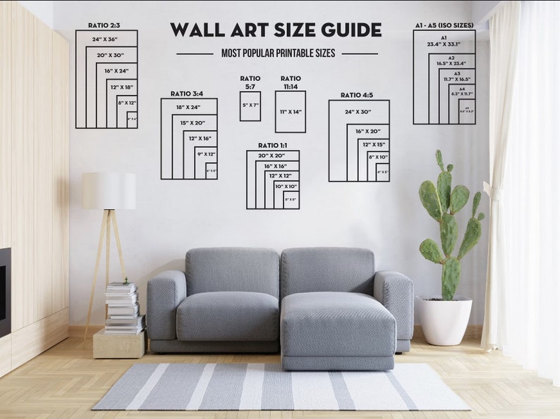 May include: A white wall with a guide for wall art sizes. The guide shows different ratios and dimensions for printable art, including 2:3, 3:4, 5:7, 11:14, 4:5, and 1:1. The guide also includes standard ISO paper sizes, such as A1, A3, and A4.