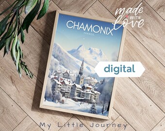 May include: A digital printable poster featuring a watercolour illustration of a snowy mountain village with the text "Chamonix, France" in a vintage style.