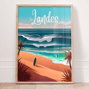 Póster de Les Landes, póster de surf, póster de viaje de surf de Hossegor, Francia, arte mural de surf, póster francés, arte mural playero