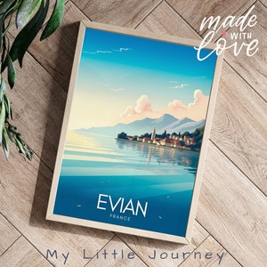 Póster de EVIAN / Arte mural de Evian Les Bains / Póster de la ciudad de Francia / Impresión de viaje al lago de Ginebra / Regalo de decoración del hogar de los Alpes franceses / Póster del lago Leman