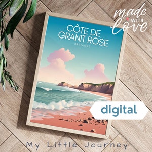 Pôster La Cote de GRANIT ROSE | Impressão artística da cidade da França, Bretanha | Arte de parede colorida francesa | Decoração costeira, casa de praia | Download instantâneo