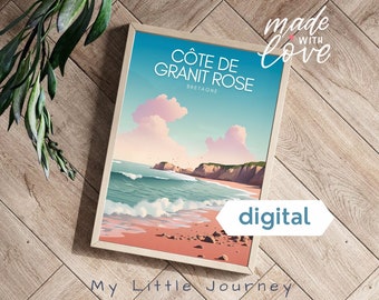Plakat La Cote de GRANIT ROSE | Francja Miasto Sztuka Wydruk Bretagne | Kolorowa Sztuka Ścienna Francuska | Wystrój Nadmorski Dom Na Plaży | Natychmiastowe pobranie
