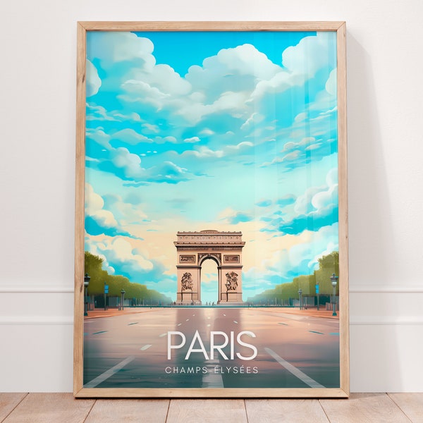 PARIS Affiche CHAMPS ELYSEES - Arc de Triomphe Poster Paris 2024 - Cadeau Paris Amour - Illustration Paris Moderne Décoration Parisienne