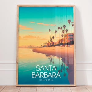 Santa Barbara California poster, coastal town wall art, minimalist beach print, Santa Barbara travel gift, vintage California decor