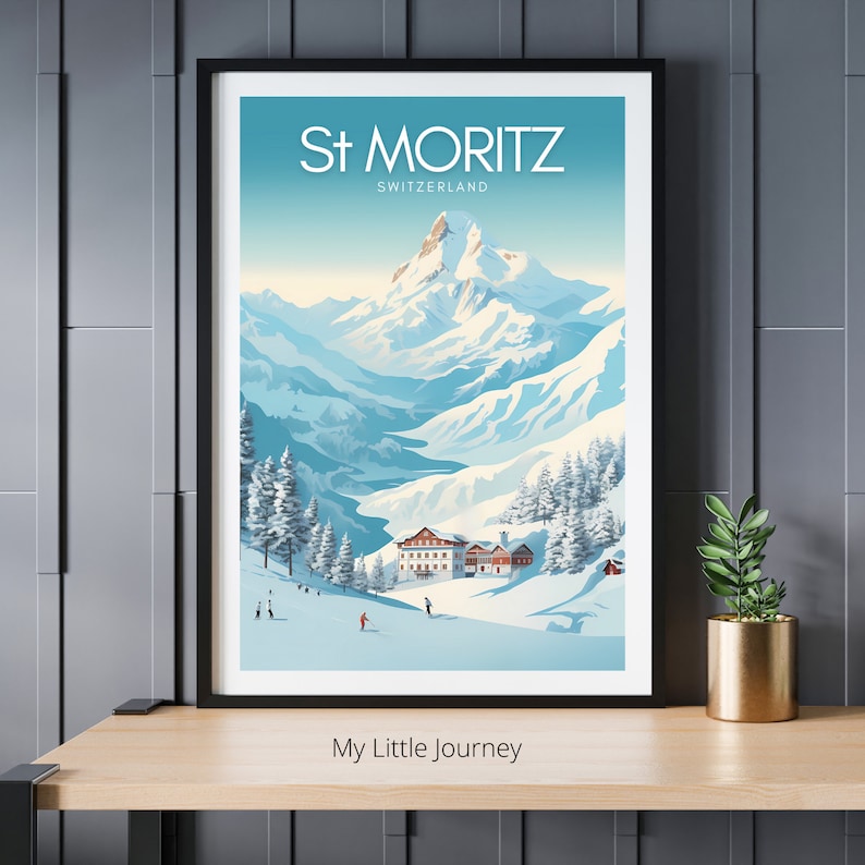 SAINT MORITZ Print, Switzerland Mountain Wall Art, Ski Poster, Ski