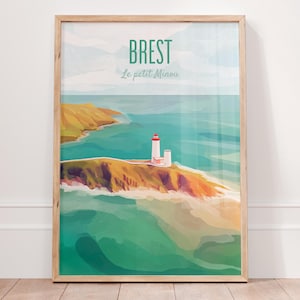 Póster de Brest, Francia, impresión del faro de Petit Minou, arte mural de la costa de Bretaña, decoración náutica, regalo de paisaje marino, póster de paisaje oceánico