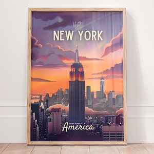 Póster de la ciudad de Nueva York, impresión artística del horizonte de la ciudad de Nueva York, arte de pared del Empire State Building, póster de viaje al atardecer, decoración de Nueva York, regalo para amantes de la ciudad
