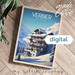 VERBIER Switzerland, Mountain wall art, Vintage Ski Poster, Winter landscape, Swiss Alps Travel Poster - Printable wall art
