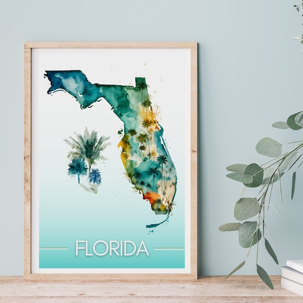 FLORIDA Art Map - Florida map poster - Florida wall map - Florida printable art - Travel poster Florida