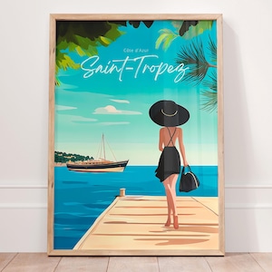 Póster de Saint-Tropez, Francia. Impresión de Saint-Tropez, Riviera Francesa, Costa Azul. Póster de viaje vintage. Arte mural femenino.