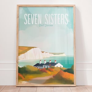 Seven Sisters Vintage Poster, Minimalist Wall Art of Seven Sisters England, Colorful Cliff Artwork, East Sussex Travel Print, Gift for Hiker