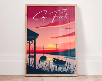 Póster de CAP FERRET, arte mural de Francia, impresiones de ciudades, regalo francés, póster de viaje de Bassin d'Arcachon, arte mural costero