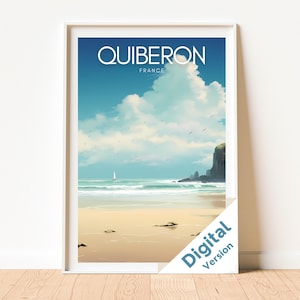 Póster de Quiberon, arte mural de playa de Bretaña, impresión de la costa francesa, decoración de viaje de Bretaña, regalo de arte costero, ilustración de paisaje costero