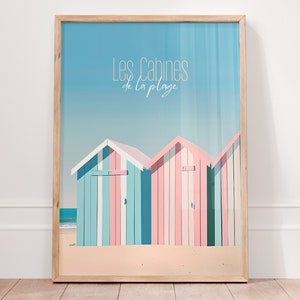Arte mural playero rosa - Decoración navideña - Regalos costeros - Póster francés - Cabañas de playa - Les Cabines de la plage - Decoración náutica marina