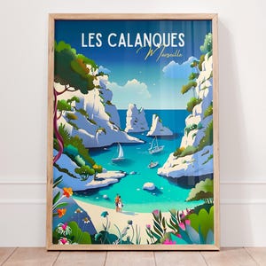 Póster vintage de Calanques, impresión de viaje a Marsella, arte de la Riviera Francesa, decoración de pared mediterránea, arte de la costa francesa, regalo para viajeros