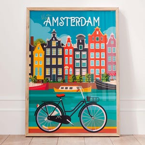 AMSTERDAM Poster, Amsterdam painting, Netherlands Travel Poster, Colorful Wall Art, Couple Gift
