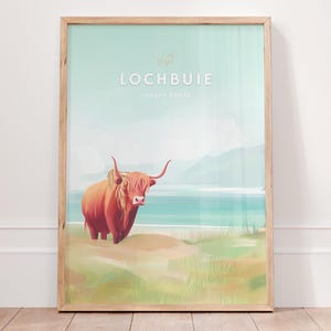 Lochbuie Laggan Sands travel poster, Scotland highland cattle art, Scottish coastal decor, minimalist vintage print, unique gift idea