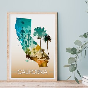 Affiche de carte de la Californie, art mural palmier, impression colorée d'état, décoration côtière de la Californie, art de voyage pittoresque, art de carte vibrant de Californie