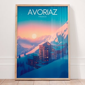 Póster de AVORIAZ, arte mural de montaña, impresión de estación de esquí, arte de los Alpes franceses, paisaje invernal, póster de viaje a Francia, regalos de esquí, decoración navideña