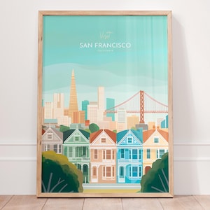 San Francisco Travel Poster, Golden Gate Bridge Art, Painted Ladies Minimalist Cityscape, California Wall Decor, USA Gift