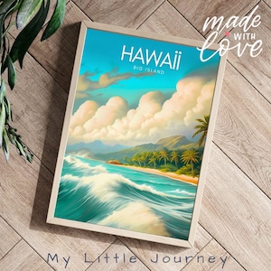 Pôster do Havaí, pôster vintage de viagem para o Havaí, arte de parede de praia havaiana, presente de casamento, decoração de feriado com paisagem marinha