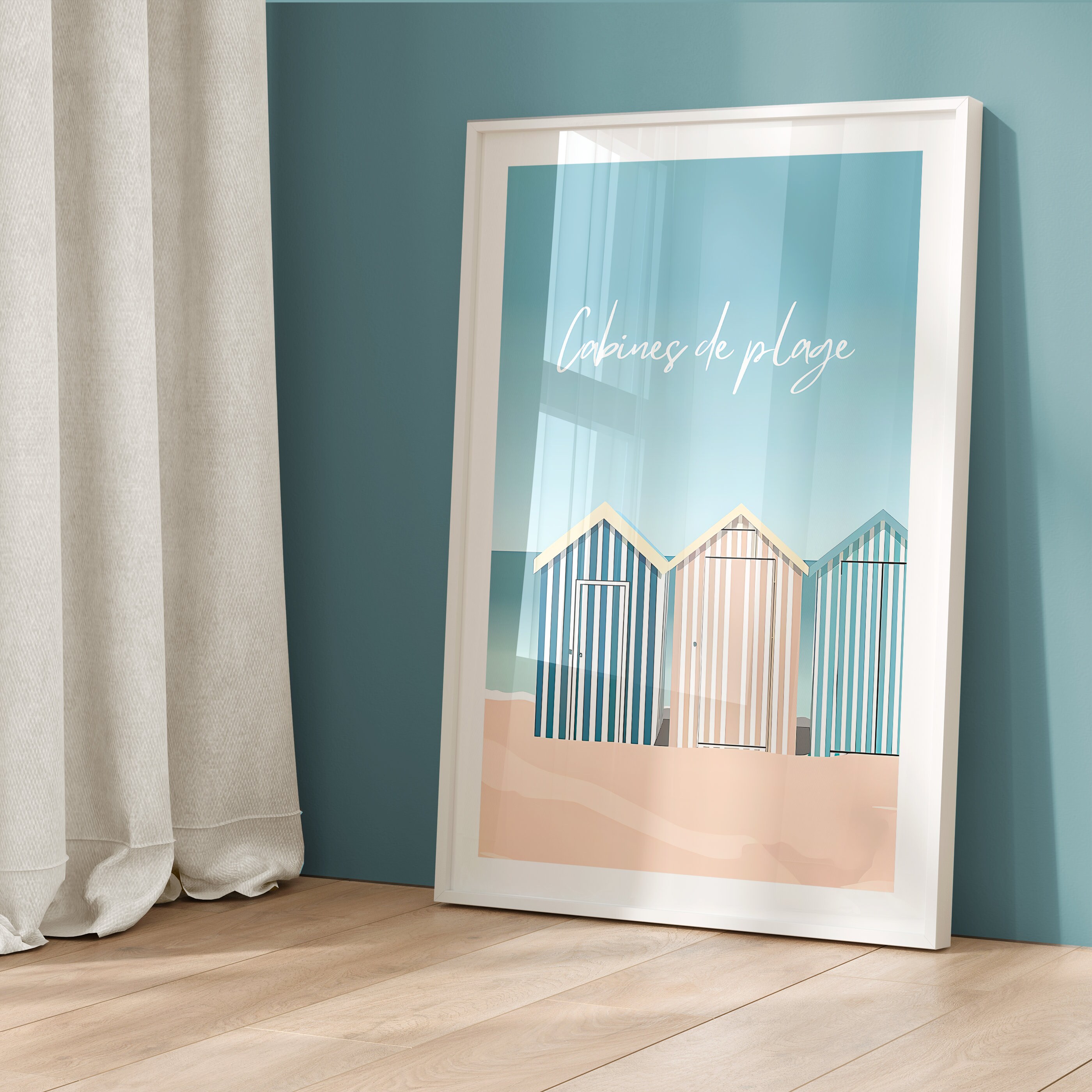 Beachy Wall Art - Holiday Decor Coastal Gifts - French Poster Beach Cabins  - \, image size:2800x2800