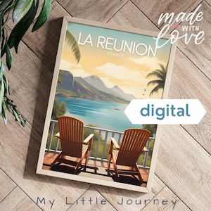 Impresión de la Isla de la Reunión / Póster de viaje / Arte mural vintage de la ciudad de Francia / Decoración tropical para el hogar / Casa de playa / Descarga instantánea