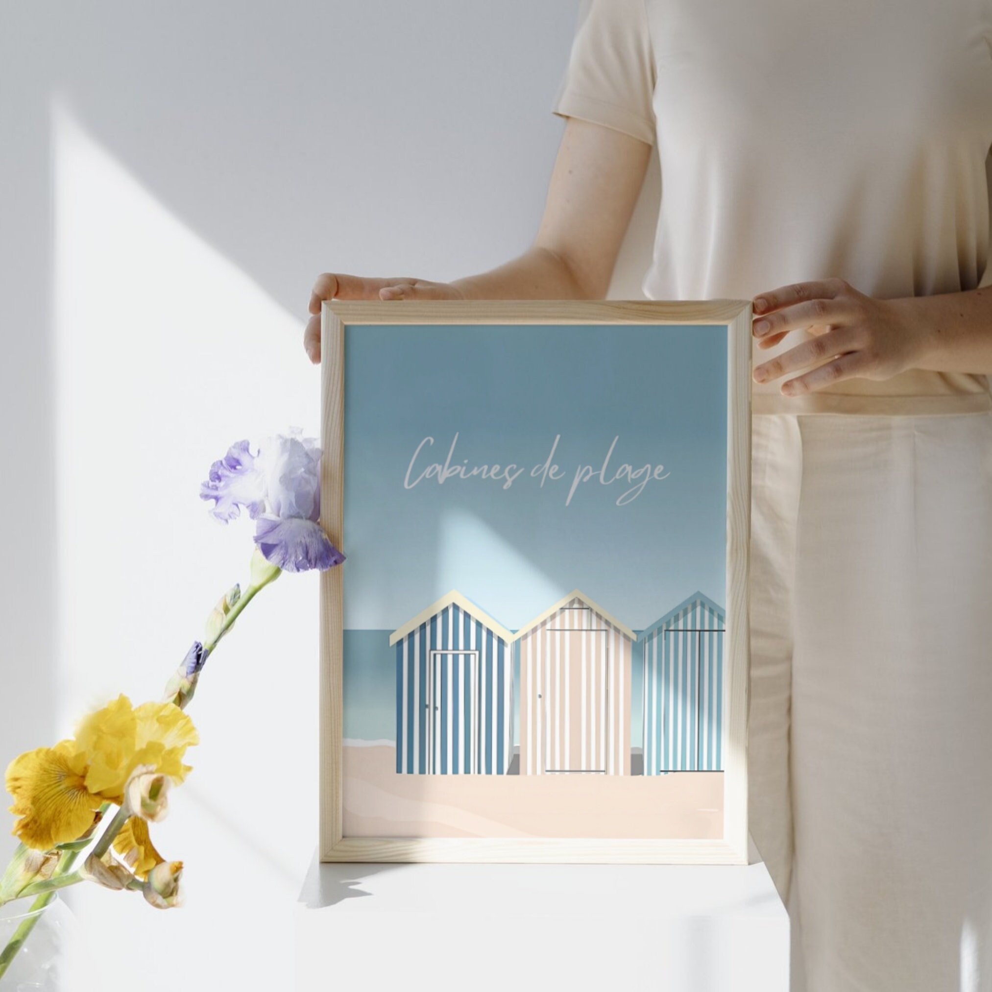 Beachy Wall Art - Holiday Decor Coastal Gifts - French Poster Beach Cabins  - \, image size:2025x2025