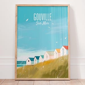 Póster de Gouville-sur-Mer, Normandía, impresión de arte costero, póster de casetas de playa de Normandía, decoración costera francesa, arte mural de La Mancha, regalo para viajeros
