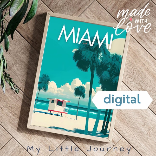 Affiche de voyage de plage de MIAMI | Art mural voyage à Miami | Affiche rétro minimaliste - téléchargement numérique