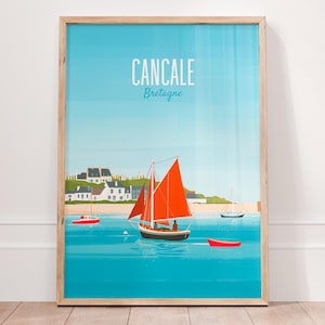 Cartaz de Cancale Brittany, Arte de cidade costeira francesa, Impressão vintage de Cancale, Decoração de parede à beira-mar, Presentes de viagem, Ilustração de praia da Bretanha