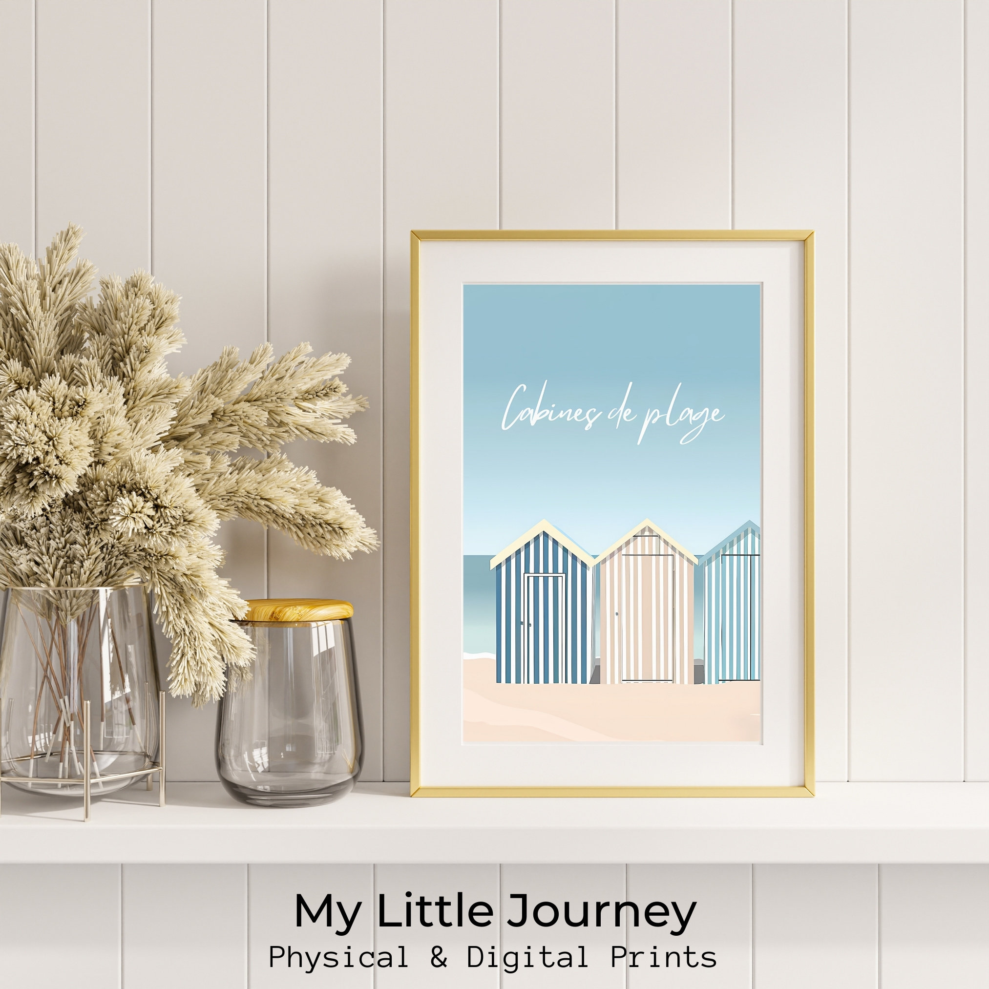 Beachy Wall Art - Holiday Decor Coastal Gifts - French Poster Beach Cabins  - \, image size:2025x2025