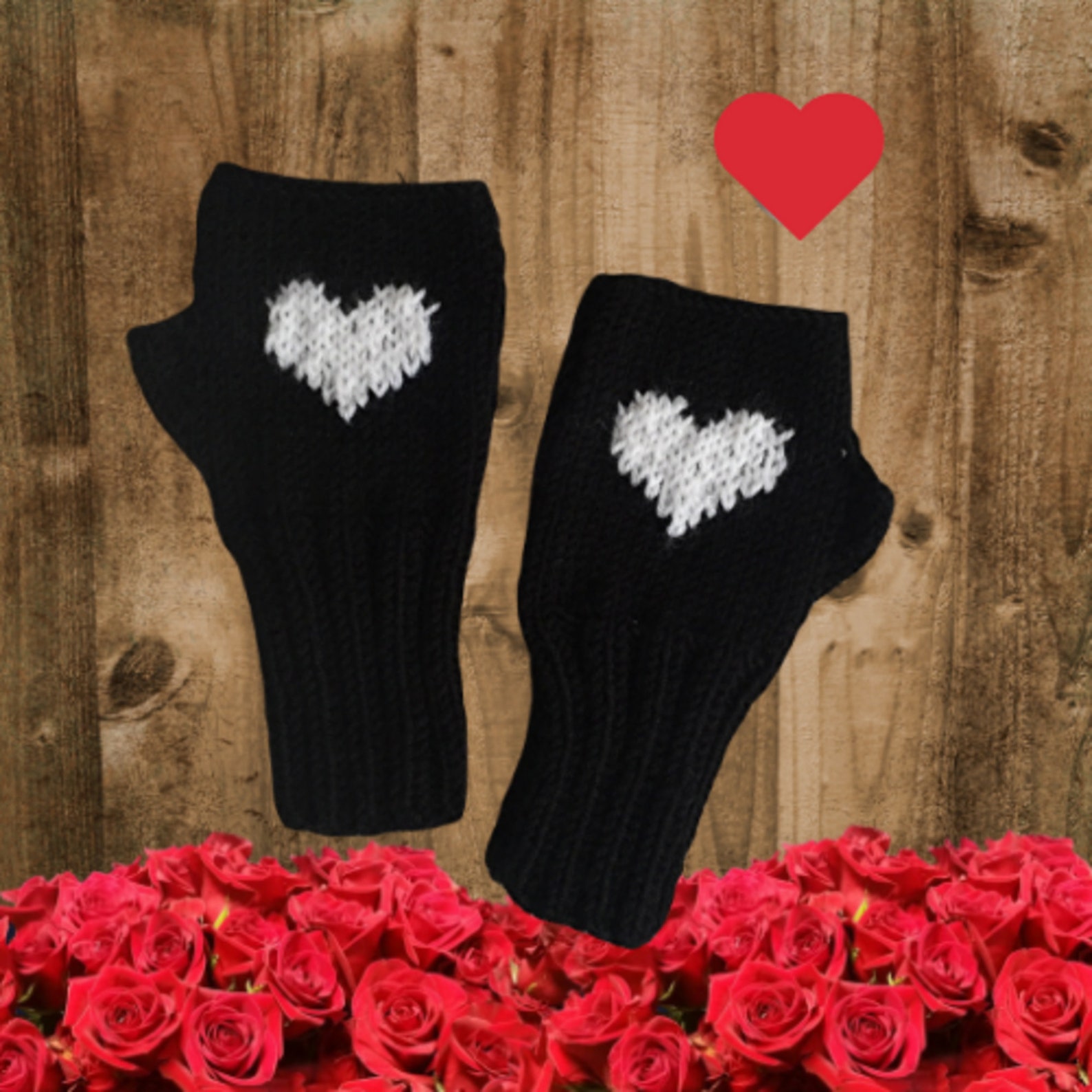 Valentines Day Heart Gloves, Knit Heart Fingerless Gloves for Women ...