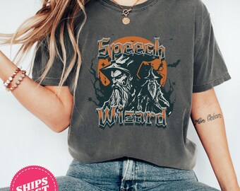 Comfort Colors® SLP Speech Wizard Retro Halloween T-Shirt, Speech Therapy Halloween Shirt,Spooky Fall Shirt,SLP Fall T-shirt for Teachers