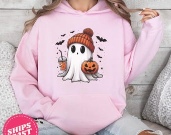Pink Halloween Hoodie, Cute Ghost Hoodie, Halloween Hoodie, Halloween Women Hoodie, Spooky Season Hoodie,  Gift for Her, Fall Hoodie
