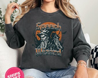 Comfort Colors® SLP Speech Wizard Retro Halloween Sweatshirt, Speech Therapy Halloween Sweatshirt, Spooky Fall Sweatshirt for Speechies