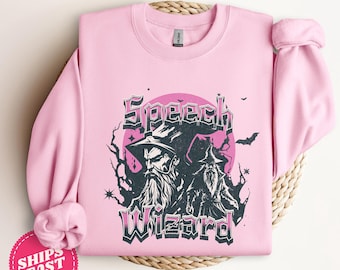 Speech Wizard Speech Therapy Halloween Sweatshirt, SLP Halloween,Speech Pathologist Fall Sweatshirt, Pink Halloween,Fall Sweatshirt Teachers