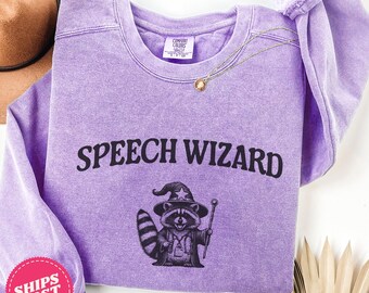 Comfort Colors® SLP Speech Wizard Retro Halloween Sweatshirt, SLP Halloween Sweatshirt, Retro Raccoon Sweatshirt, SLP Fall Sweatshirt, aac