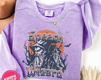 Comfort Colors® SLP Speech Wizard Retro Halloween Sweatshirt, Speech Therapy Halloween Sweatshirt, Spooky Fall Sweatshirt for Speechies