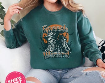 Comfort Colors® SLP Speech Wizard Retro Halloween Sweatshirt, Speech Therapy Halloween Sweatshirt, Spooky Fall Sweatshirt for Speechies